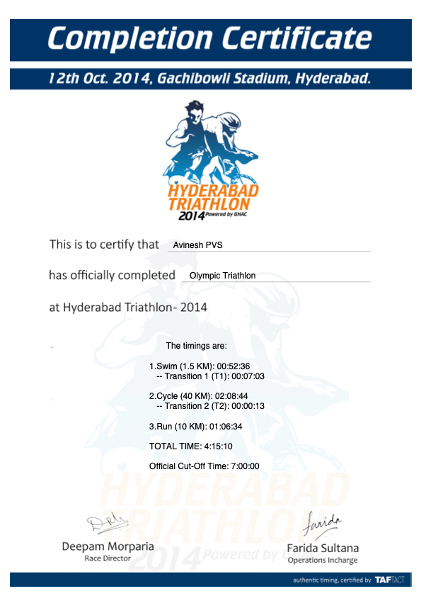 Hyderabad Triathlon Timing 2014